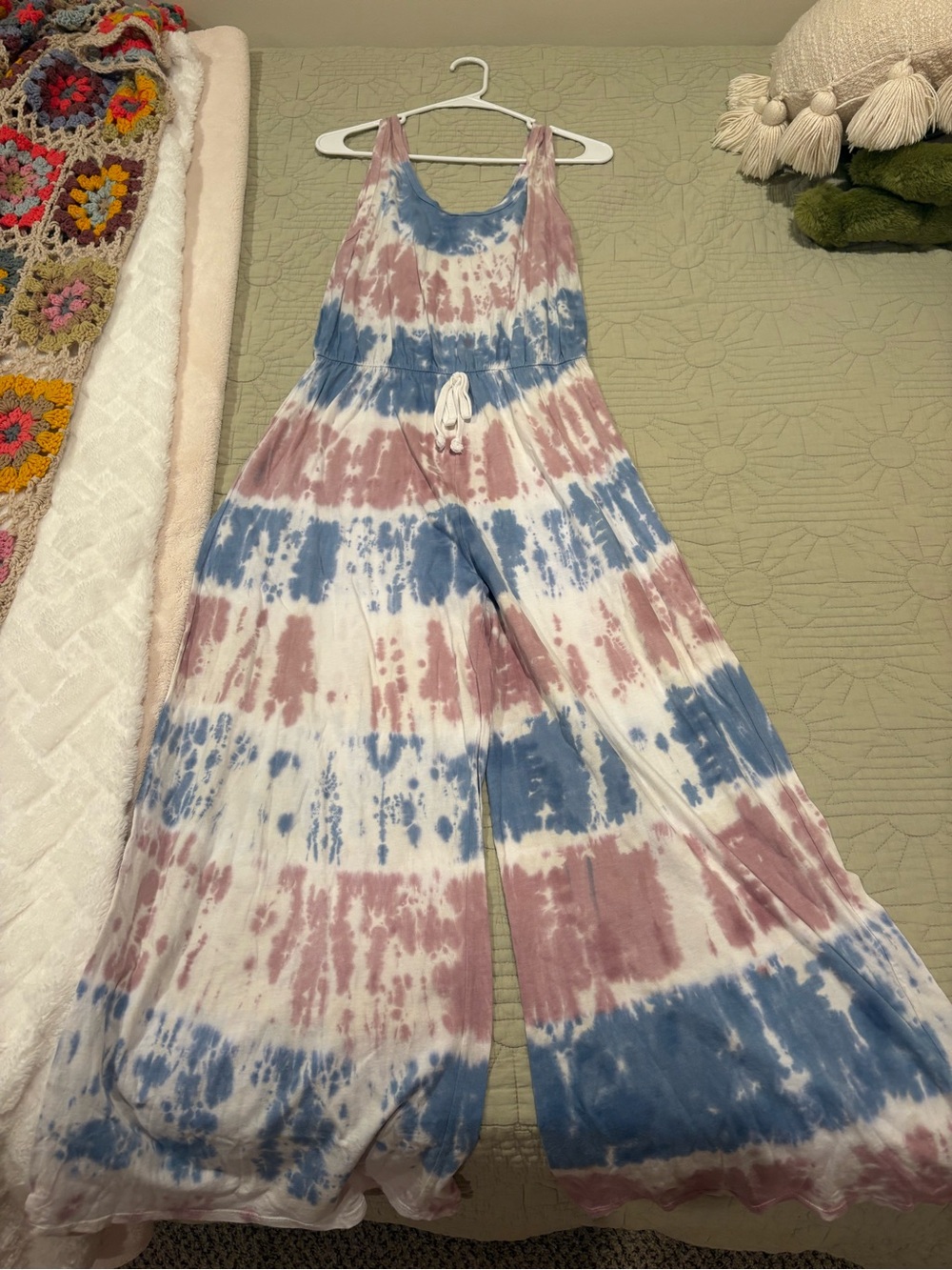 Caution To The Wind Tie-Dye Wide Leg Jumpsuit in Blue, Mauve & Cream Size Small